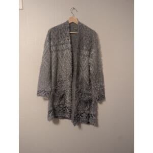 Eddie Bauer Long Cardigan Womens M Grey Fuzzy Warm Cozy Winter Pockets